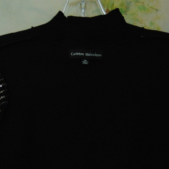 Catherine Malandrino Black Pullover Knit Sweater Blouse Sequin Sheer Sleeves M - Picture 3 of 7